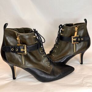 Michael Kors Brena Leather Lace Up Ankle Booties Stiletto Black Olive Size 8.5